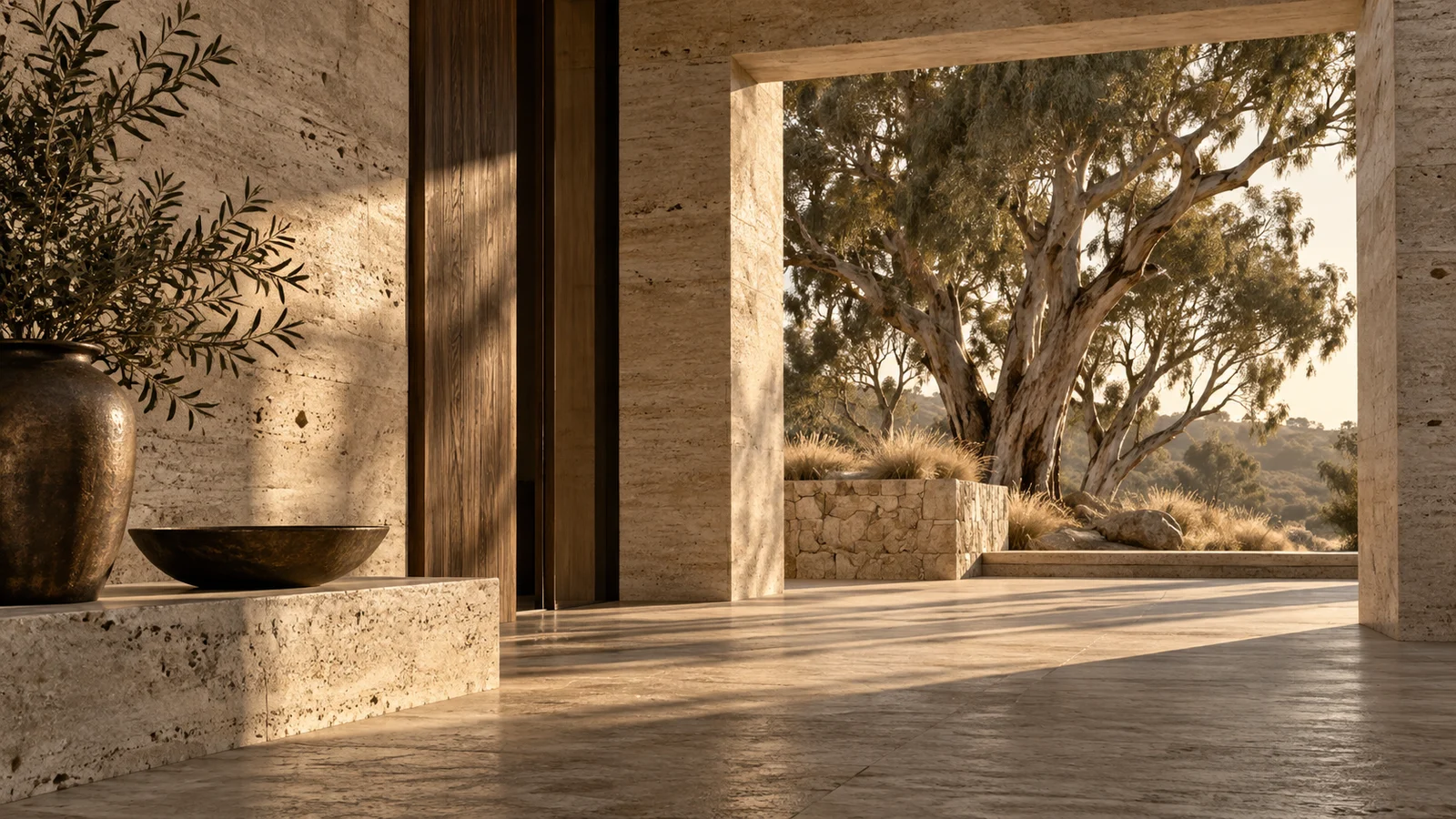 An illustrative limestone courtyard opening into the Australian landscape